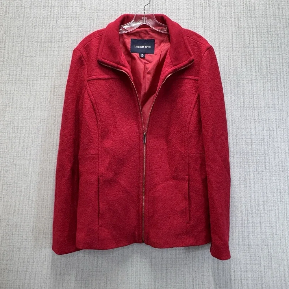 Lands' End Wool Blend Jacket Womens 14 Red Zip Up Classic Preppy Minimalist